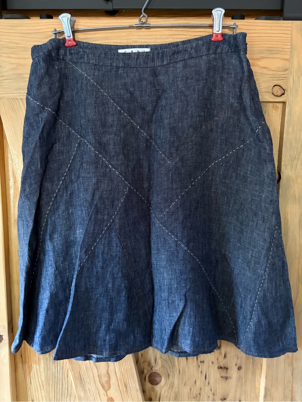CAbi Dark Indigo Denim A-Line Skirt with Contrast Stitching